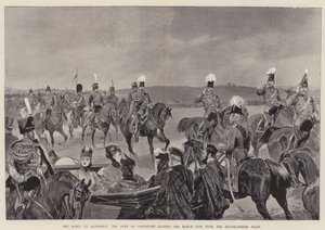 De koningin in Aldershot, de hertog van Connaught leidt de mars met de staf van het hoofdkwartier